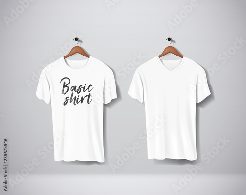 White T-Shirts Mock-up clothes with lettering an V and round neck hanging on wall.