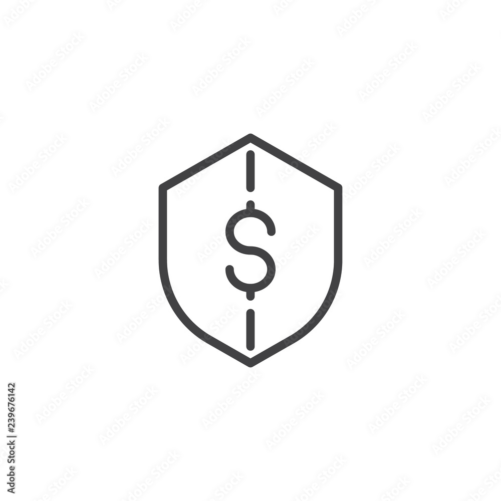 Money security protection outline icon. linear style sign for mobile concept and web design. Dollar shield simple line vector icon. Symbol, logo illustration. Pixel perfect vector graphics Money security protection outline icon. linear style sign for mobile concept and web design. Dollar shield simple line vector icon. Symbol, logo illustration. Pixel perfect vector graphics