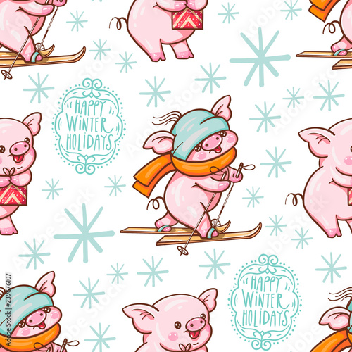 Seamless pattern with cute cartoon pigs