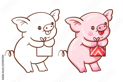 Winter illustration with cute cartoon pig
