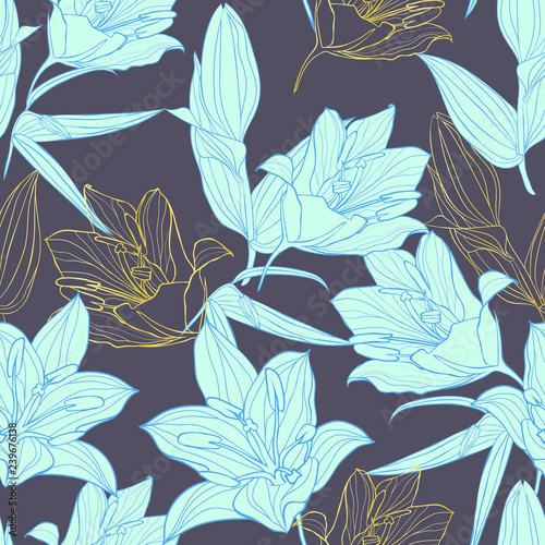 Vector blue & golden Lilium flowers with black background seamless repeat pattern. great for retro fabric, wallpaper, scrapbooking projects. Surface pattern design.