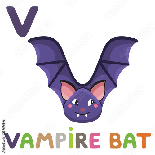 V is for Vampire bat. Letter V. Vampire bat, cute illustration. Animal alphabet.