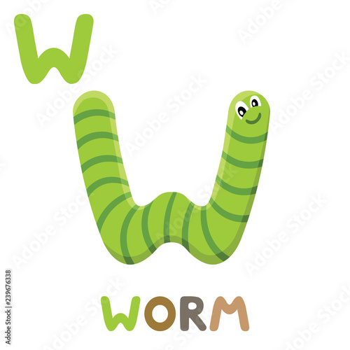 W is for Worm. Letter W. worm, cute illustration. Animal alphabet.