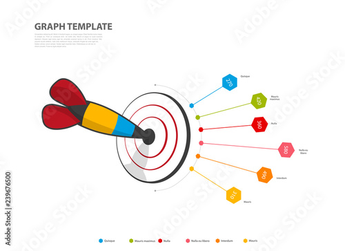 Infographic illustration vector background colorful dartboard with dart hit the target with hexagons labels and figures inside.
