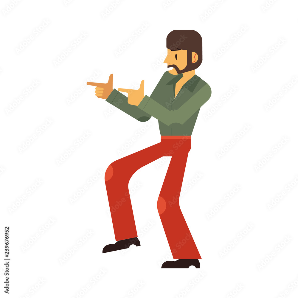 Vector illustration of man dancing disco in flat cartoon style - happy