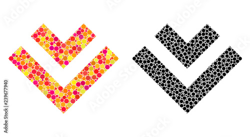 Dot shift down mosaic icons. Vector shift down icons in multi-colored and black versions. Collages of randomized round elements.
