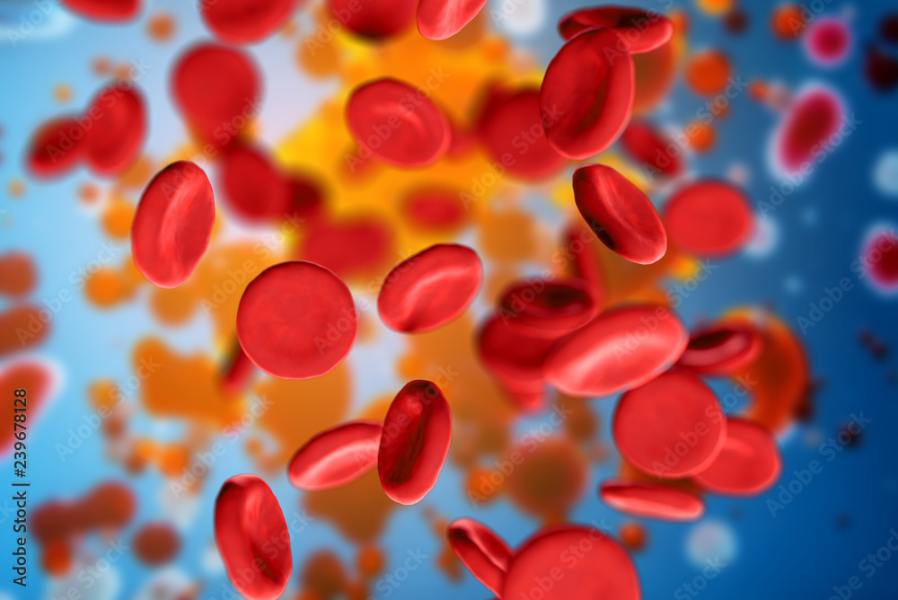 3d illustration of red blood cells erythrocytes close-up under a microscope. Scientific medical background