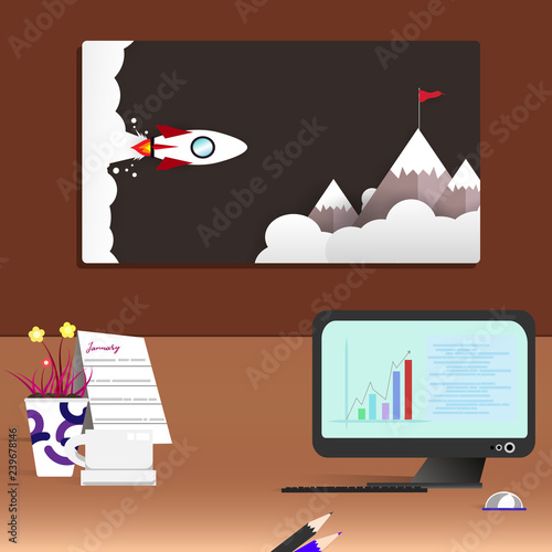 Workspace desk living room and modern office background interior flat design abstract, rocket to succesful flag red peak of mountain picture on the wall