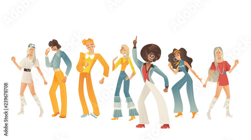 Disco dancing people vector illustration set with various men and women with retro clothes and hairstyles in cartoon gradient style isolated on white background. Dancers in 70s fashion style.