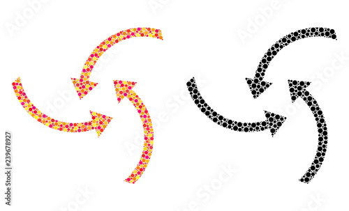 Dotted swirl arrows mosaic icons. Vector swirl arrows pictograms in bright and black versions. Collages of randomized round spots.