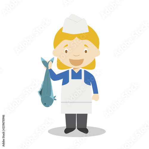 Cute cartoon vector illustration of a fishmonger. Women Professions Series