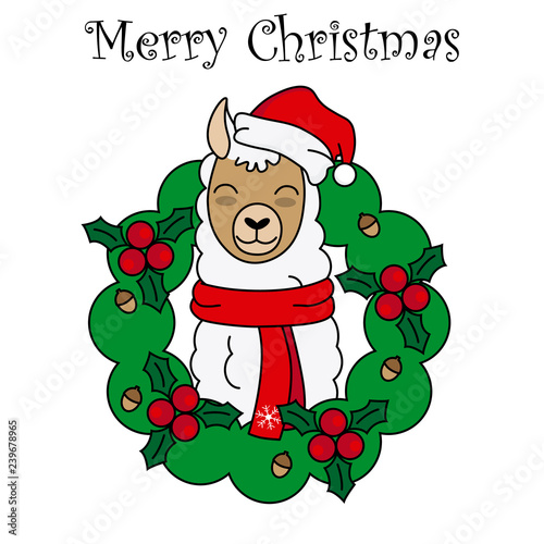 Merry Christmas card. Llama inside a garland