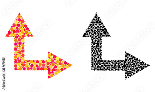 Dot bifurcation arrow right up mosaic icons. Vector bifurcation arrow right up icons in colorful and black versions. Collages of variable round spots.