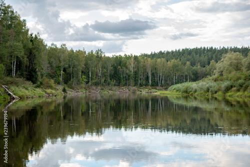 Fototapeta Naklejka Na Ścianę i Meble -  blue sky, clouds and trees from forest reflecting in calm lake water