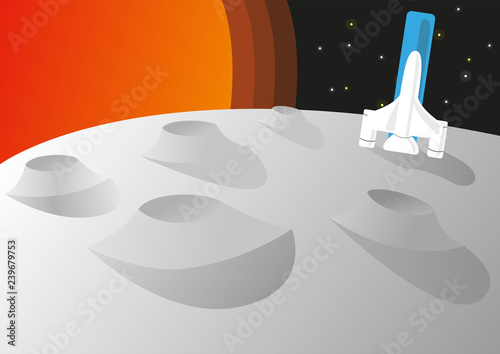 Spaceship on the Moon against the backdrop of the sun