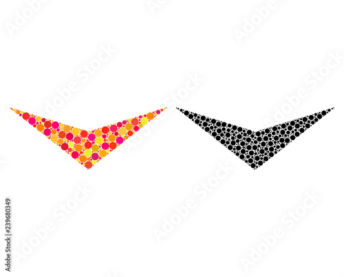 Pixel arrowhead down mosaic icons. Vector arrowhead down icons in colorful and black versions. Collages of variable circle spots.