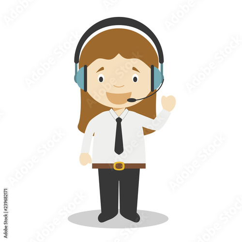 Cute cartoon vector illustration of a telemarketing phone operator. Women Professions Series