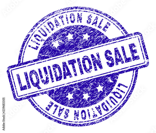 LIQUIDATION SALE stamp seal imprint with distress texture. Designed with rounded rectangles and circles. Blue vector rubber print of LIQUIDATION SALE text with unclean texture.