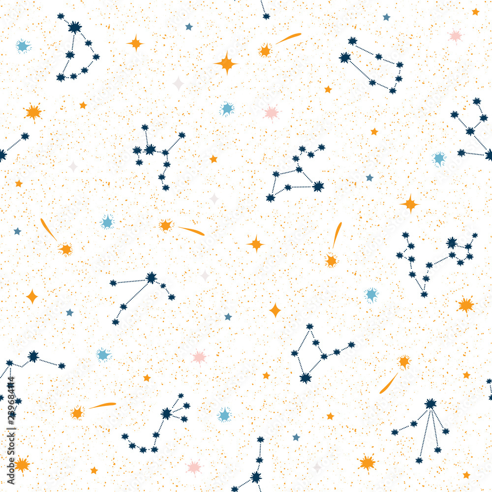 Constelliations and stars on light background. Seamless pattern. Vector illustration