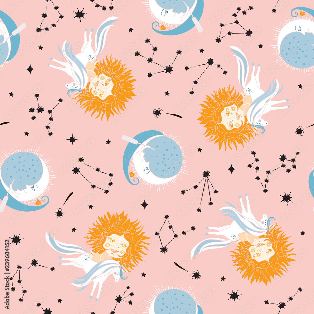 Sun, moon, unicorn and contelliations on pink background. Seamless pattern. Vector illustration