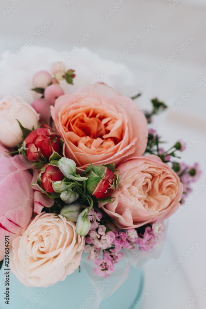 Beautiful spring bouquet with tender flowers in box Beautiful spring bouquet with tender flowers in box