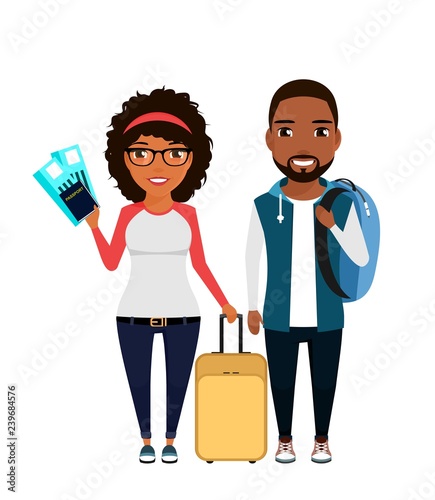 A young African-American couple goes on a trip. Girl holding tickets, a guy with a backpack on his shoulder. In flat style on white background. Cartoon.
