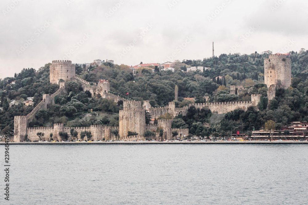 Bosporus cruise panorama. Osman empire fortress. Turkey landscape 