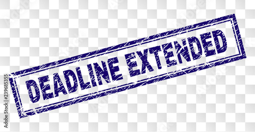 DEADLINE EXTENDED stamp seal print with distress style and double framed rectangle shape. Stamp is placed on a transparent background.