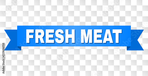 FRESH MEAT text on a ribbon. Designed with white caption and blue stripe. Vector banner with FRESH MEAT tag on a transparent background.