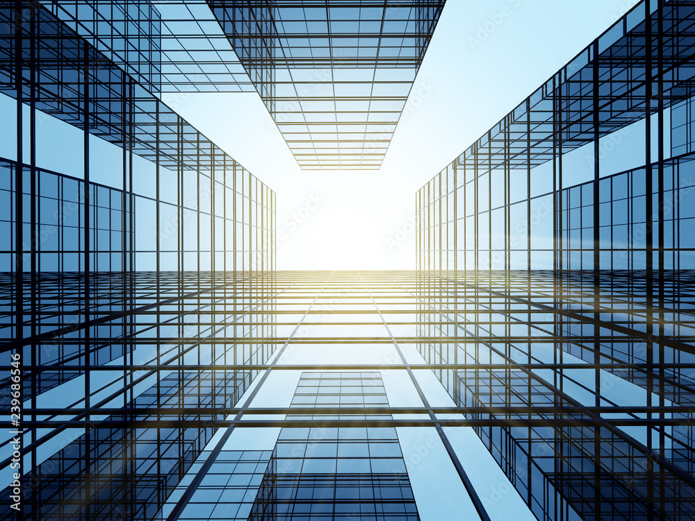View of high rise glass building and dark steel window system on blue clear sky background,Business concept of future architecture,looking up to the sun light on the top of building. 3d render