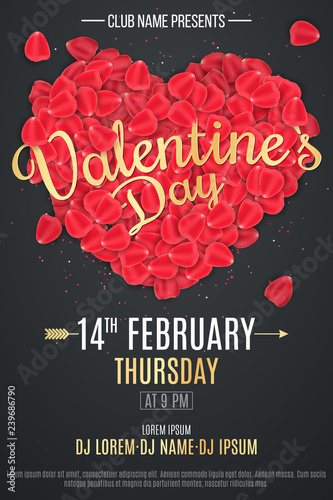Happy Valentine's Day flyer for party. Heart of rose petals with golden calligraphy. Pink glitters. DJ and club name. Poster for night club. Vector illustration