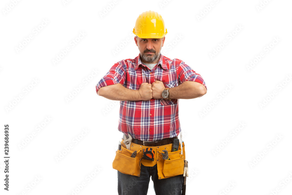 Builder pushing chest with fists.