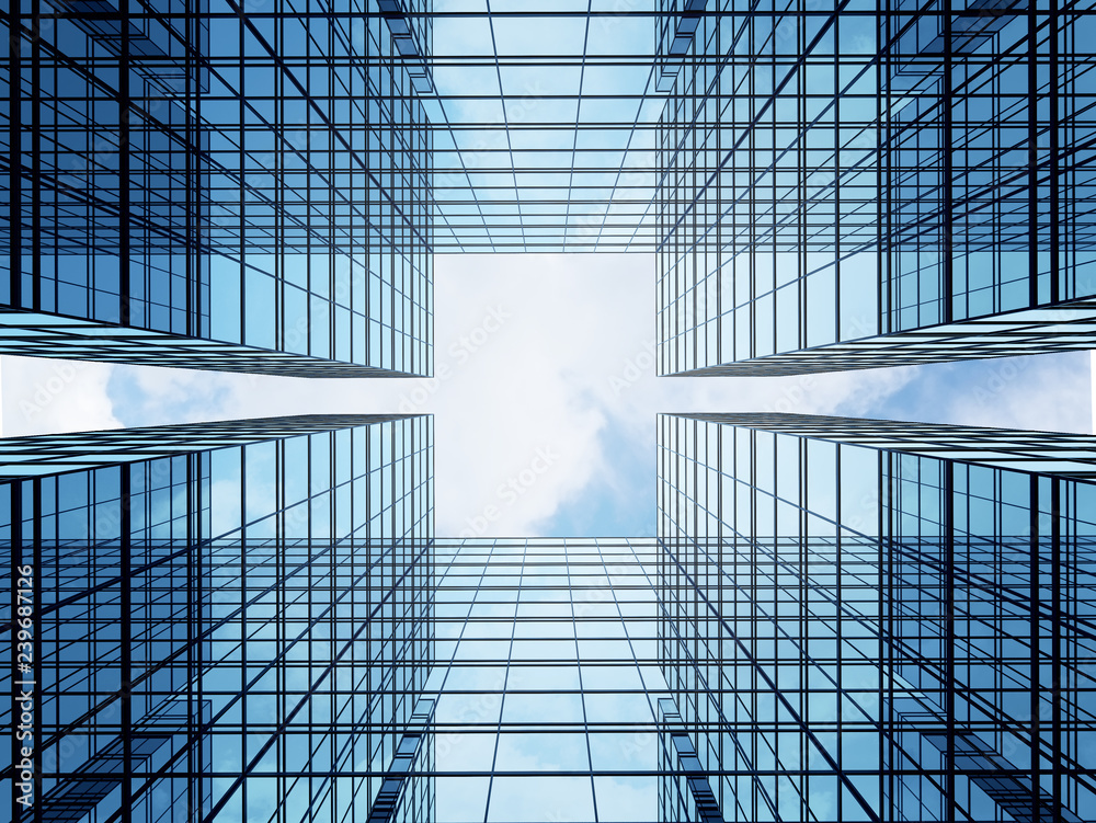 Obraz premium View of high rise glass building and dark steel window system on blue clear sky background,Business concept of future architecture,looking up to the sun light on the top of building. 3d render