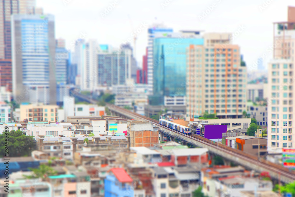 High view of BTS sky train with tilt shift style