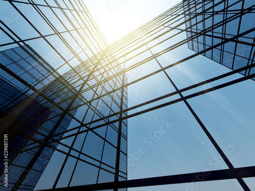 View of high rise glass building and dark steel window system on blue clear sky background,Business concept of future architecture,looking up to the sun light on the top of building. 3d render
