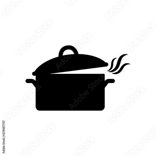 Black isolated casserole pot with smoke vector icon. Smoking kitchen saucepan pot silhouette icon.