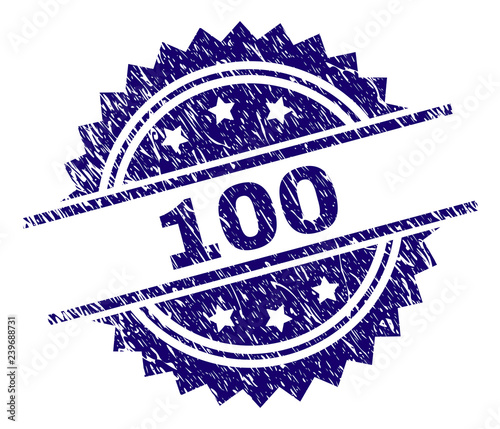 100 stamp seal watermark with distress style. Blue vector rubber print of 100 caption with unclean texture.