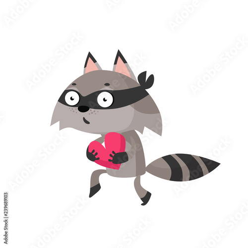 Raccoon stealing heart. Crime, sneaking, cartoon. Can be used for topics like Valentines day, thief, character