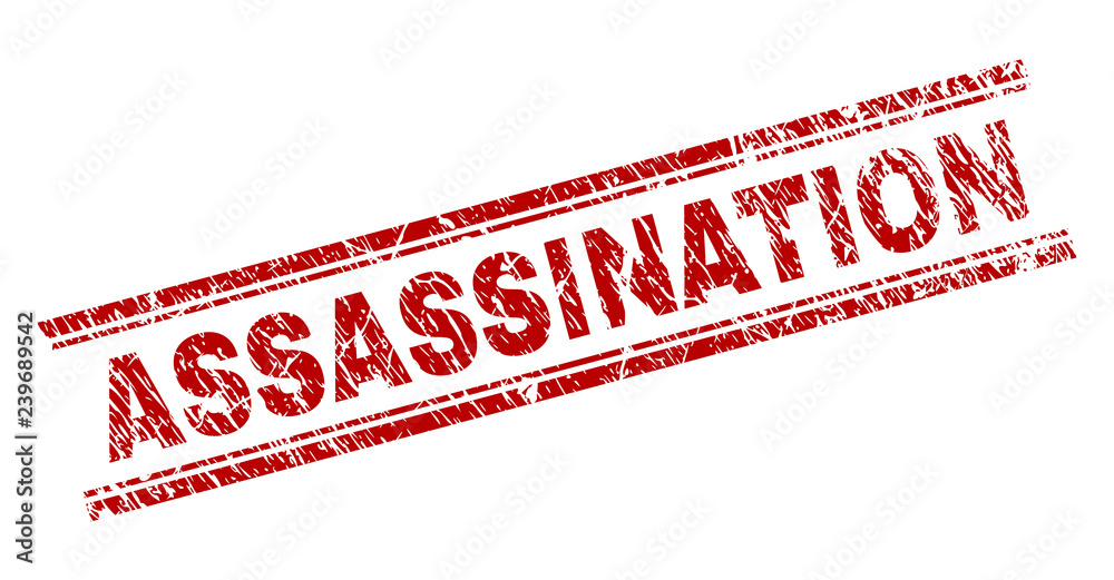 ASSASSINATION seal watermark with grunge texture. Red vector rubber print of ASSASSINATION text with grunge texture. Text caption is placed between double parallel lines. ASSASSINATION seal watermark with grunge texture. Red vector rubber print of ASSASSINATION text with grunge texture. Text caption is placed between double parallel lines.