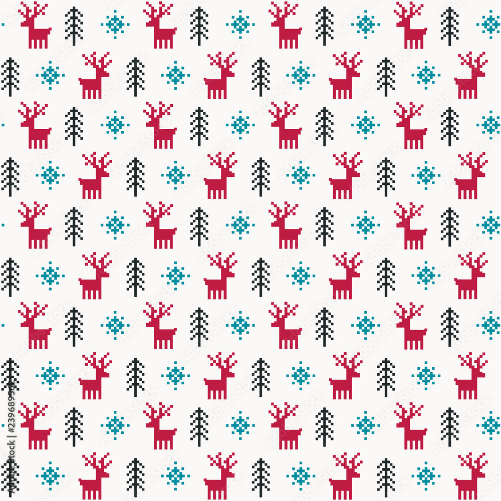 Seamless vector winter forest background in red, teal and black with reindeer, snowflakes and trees. Festive pixel design for Holiday cards, gift wrapping paper, textiles, wallpapers. Seamless vector winter forest background in red, teal and black with reindeer, snowflakes and trees. Festive pixel design for Holiday cards, gift wrapping paper, textiles, wallpapers.