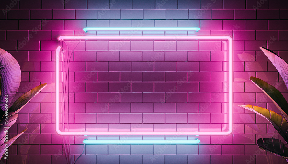 Neon light sign board background. 3d modern illustration. Neon elements and plants.
