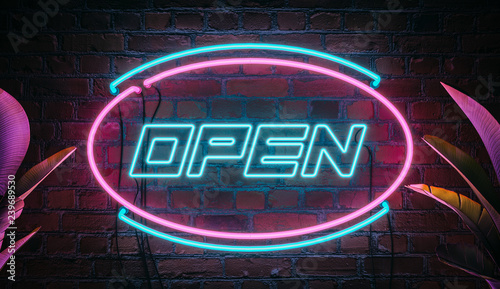 Neon light sign board background. 3d modern illustration. Neon elements and plants.