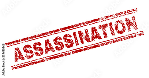ASSASSINATION seal watermark with grunge texture. Red vector rubber print of ASSASSINATION text with grunge texture. Text caption is placed between double parallel lines.