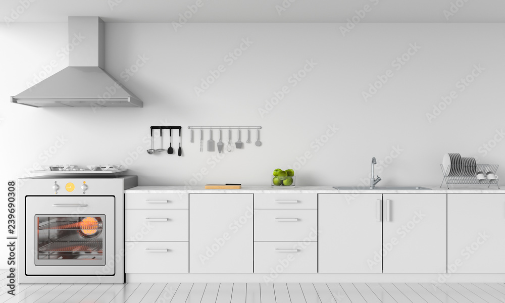 Modern white kitchen countertop with gas stove and sink for mockup, 3D rendering - obrazy, fototapety, plakaty 