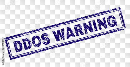 DDOS WARNING stamp seal print with rubber print style and double framed rectangle shape. Stamp is placed on a transparent background. Blue vector rubber print of DDOS WARNING text with retro texture.