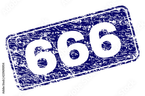 666 stamp seal print with distress style. Seal shape is a rounded rectangle with frame. Blue vector rubber print of 666 title with dirty style.