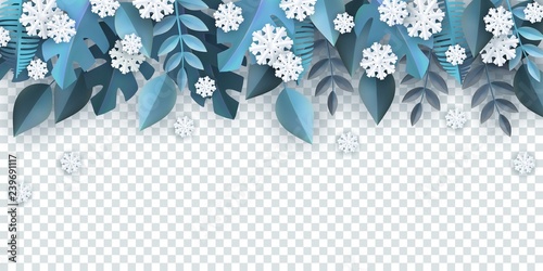 Vector illustration of winter natural border frame with blue tree leaves and white snowflakes in paper art style isolated on transparent background - floral seasonal decorative element.