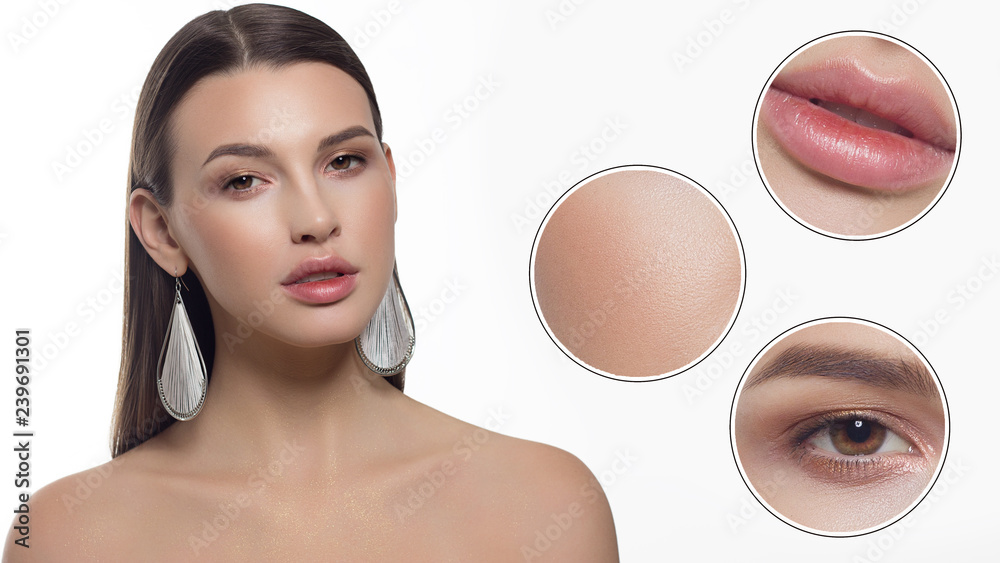 Obraz premium Close-up of half the beauty of a woman with clean skin, full lips and long dark hair. Looks at the camera and shows skin care. Increased skin texture around the eyes and lips. Smile on face