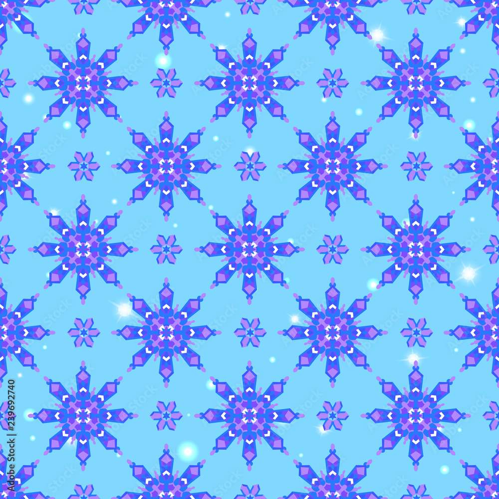 Seamless pattern on the theme of winter and winter holidays, the contour of the snowflake and flare, snowflakes on a blue background Seamless pattern on the theme of winter and winter holidays, the contour of the snowflake and flare, snowflakes on a blue background