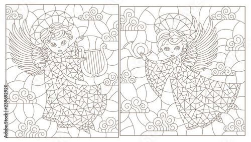 Set of contour illustrations of stained glass Windows with cute angels on a cloud sky background, dark contours on a white background